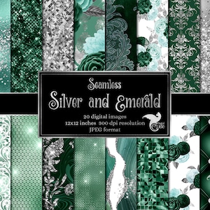 May include: A set of 20 digital seamless patterns in silver and emerald green colors. The patterns include glitter, damask, floral, and geometric designs. The images are 12x12 inches and 300 dpi resolution in JPEG format.