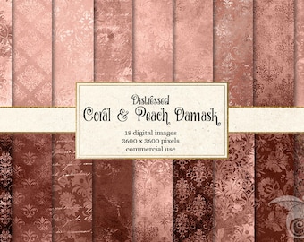 Coral Peach Damask Digital Paper, Vintage Texture (Digital Download)