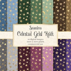 Celestial Gold Kraft Digital Paper, naadloze maan en sterren achtergronden, Gold Star patronen Scrapbook Paper Pack, digitale textuur pack