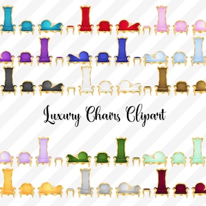 May include: A set of 30 digital clipart images of luxury chairs in various colors and styles. The chairs are all gold-trimmed and have a regal, ornate design. The images are perfect for use in digital scrapbooking, card making, and other craft projects.