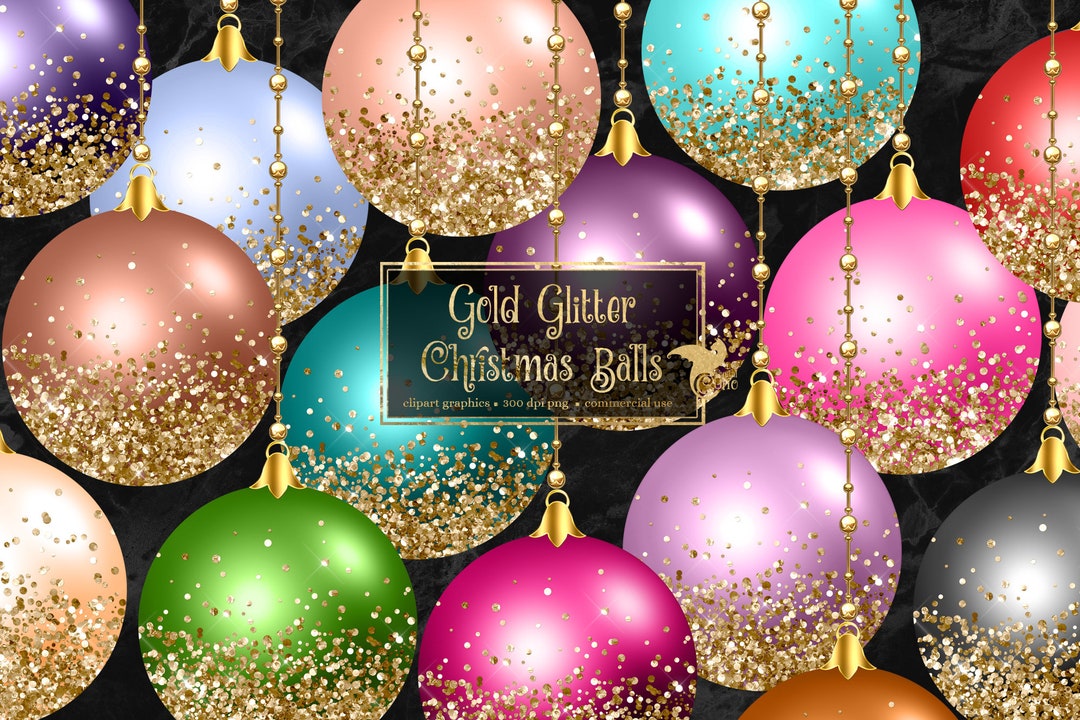 Gold Glitter Christmas Ball Ornaments Clipart, Digital Christmas