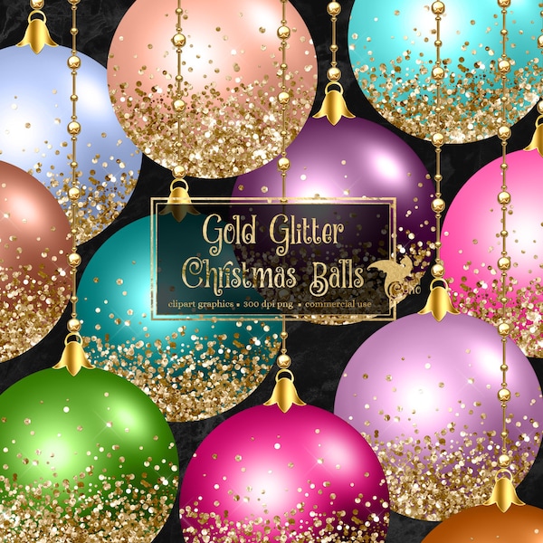 Gold Glitter Christmas Ball Ornaments Clipart, imágenes prediseñadas de adornos navideños digitales en formato png para uso comercial