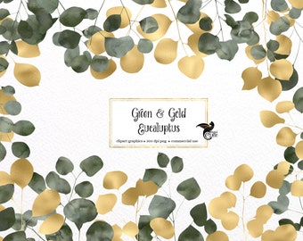 Gold Foil Eucalyptus Clipart, Green Watercolor Leaves (PNG, Digital Download)