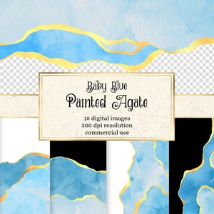 Baby Blue Painted Agate Borders, digital watercolor geode PNG overlays with gold foil for instant download commercial use