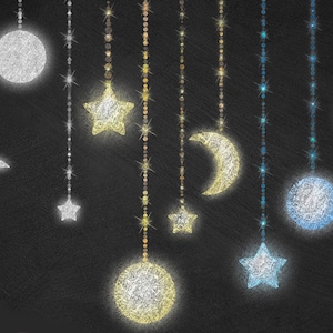 Chalkboard Celestial Clipart - Moon and Stars Chalk Strings Clip Art, Night Sky, Starry Sky, Digital Background Instant Download