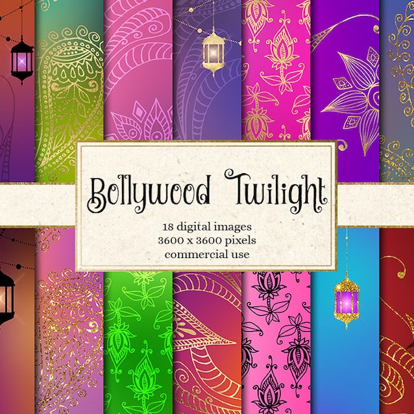 Bollywood Twilight Digital Paper, gold Arabian and Indian Mehndi backgrounds with Turkish lamp, string lights, paisley, boho gold glitter