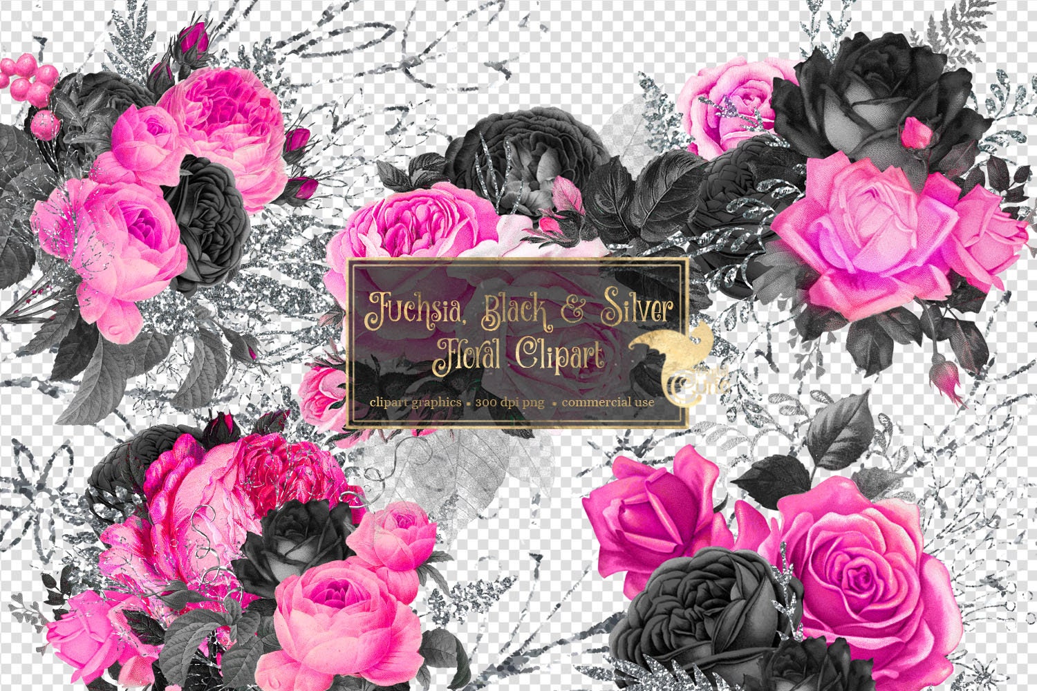 Fuchsia Black and Silver Floral Clipart Vintage Flower Clip Etsy