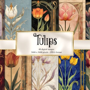 Tulipe Journal Paper, carnet de notes papier numérique art nouveau fantasmagorique, pages de journal imprimables 8,5 x 11 pouces A4 papier téléchargement immédiat