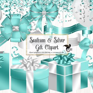 May include: Seafoam green and silver gift clipart graphics. Includes gift boxes, gift bags, bows, ribbons, balloons, and confetti. 300 dpi png, commercial use.