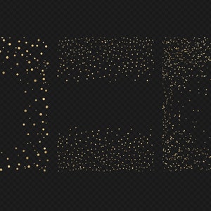 May include: Three different frames with gold glitter confetti on a black background. The frames are square and have a transparent center.