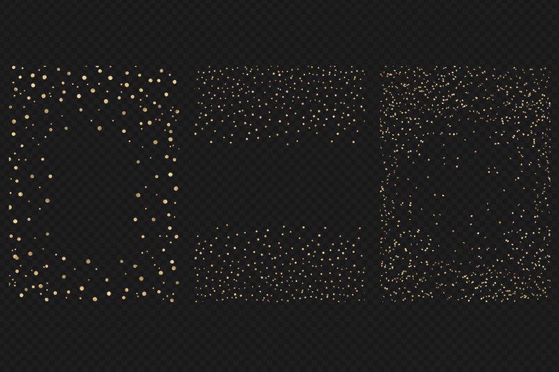 May include: Three different frames with gold glitter confetti on a black background. The frames are square and have a transparent center.