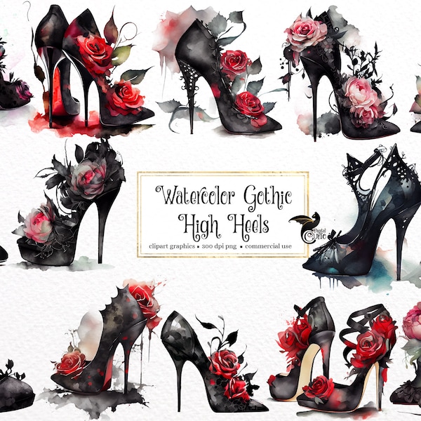 Watercolor Gothic High Heels Clipart - dark fantasy watercolor fashion shoes PNG format instant download for commercial use