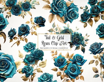 Teal and Gold Roses Clipart - rose leaves and bouquets in PNG format for commercial use