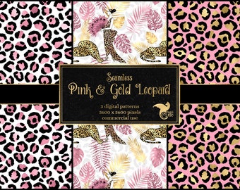 Pink and Gold Leopard Digital Paper, seamless leopard spot patterns, pink safari animal print Art Deco style digital art commercial use