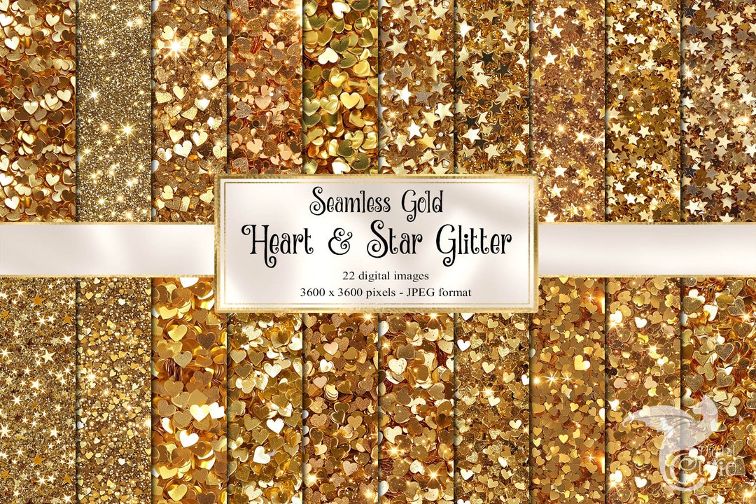 Gold Glitter Heart and Star Digital Paper, Seamless Sparkle Backgrounds ...