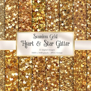 Papel digital Gold Heart e Star Glitter, fundos brilhantes e brilhantes, download instantâneo para uso comercial