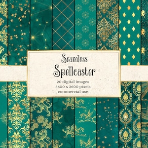 Spellcaster Digital Paper, naadloze fantasie achtergronden, sterrenhemel galaxy texturen, gouden sterren, eenhoorns, draken spell boek downloaden