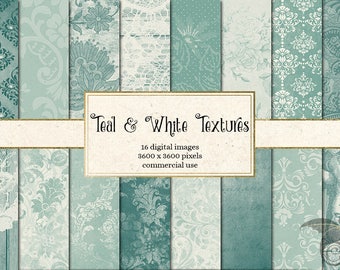 Teal and White Digital Paper, teal textures, distressed texture, grungy backgrounds, vintage aqua and ivory scrapbook paper instant download