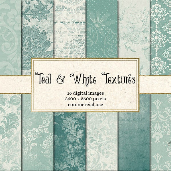 Teal and White Digital Paper, teal textures, distressed texture, grungy backgrounds, vintage aqua and ivory scrapbook paper instant download