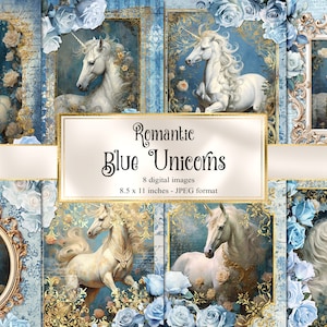 Romantic Blue Unicorns Journal Paper, cottagecore notebook digital paper rococo junk journal pages printable 8.5x11 inch instant download