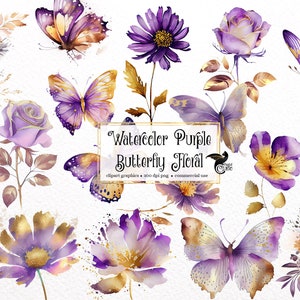 Aquarell Lila Schmetterling Blumen Clipart - Schmetterlinge und Blumen im PNG-Format zum sofortigen Download für kommerzielle Nutzung