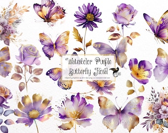 Watercolor Purple Butterfly Floral Clipart - butterflies and flowers in PNG format instant download for commercial use