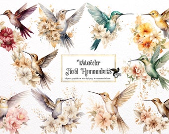 Watercolor Floral Hummingbird Clipart – PNG Graphics (Digital Download)