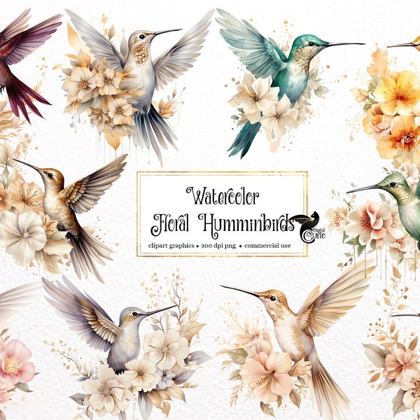 Aquarelle Floral Hummingbird Clipart - colibris mignons avec des fleurs et des feuilles en format PNG téléchargement instantané pour un usage commercial