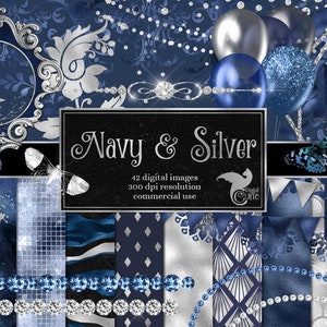 Kit de scrapbooking digital azul marino y plateado, imágenes prediseñadas y papel digital sin costuras en papel azul marino y plateado para uso comercial