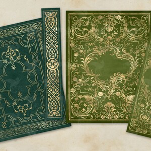 May include: Four green book covers with gold ornate designs. The covers are textured and have a vintage look.