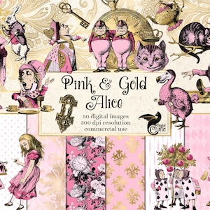 Rosa und Gold Alice Scrapbooking Kit, sofortiger Download Alice's Adventures in Wonderland digitales Papier und Clipart