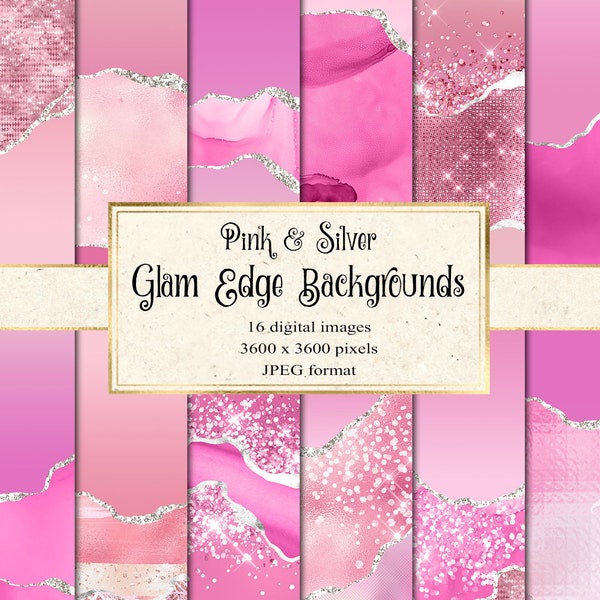 Pink and Silver Glam Edge Backgrounds - digital paper with metallic textures and silver glitter instant download for commercial use