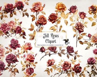 Fall Roses Clipart - autumn roses and leaves in PNG format instant download for commercial use