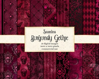 Burgundy Gothic digital paper, skull damask Halloween scrapbook papers, distressed grunge textures, goth backgrounds, victorian vintage lace