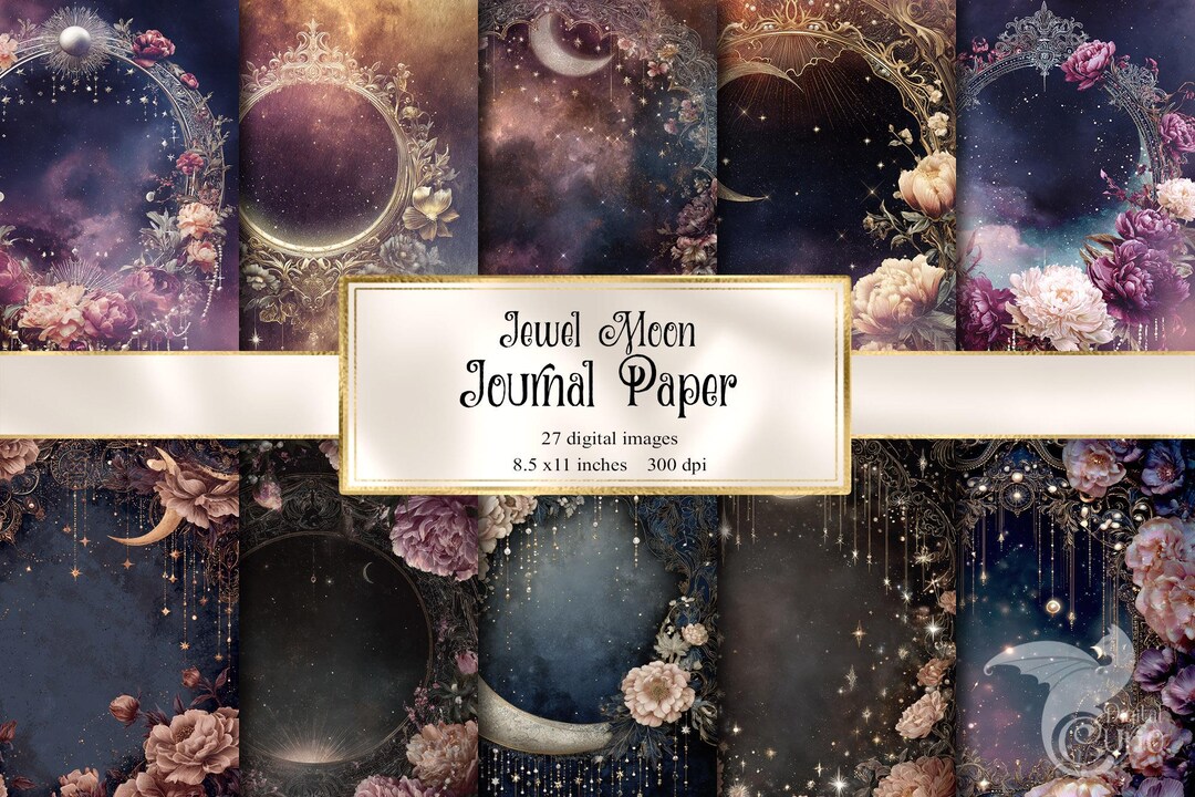 Jewel Moon Digital Paper, Celestial Junk Journal Pages (8.5x11 Paper ...