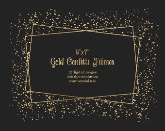 Gold Confetti Frames Clipart, 5x7 party border overlays in PNG format for invitations instant download commercial use