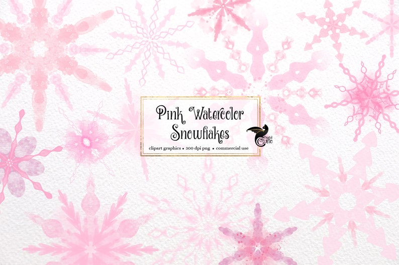 May include: A set of pink watercolour snowflakes, ideal for adding a touch of winter magic to your designs. These digital graphics are 300 dpi and perfect for commercial use.