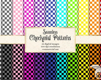 Checkered Digital Paper, seamless checker patterns printable scrapbook paper with rainbow, black and white and light gray checkers