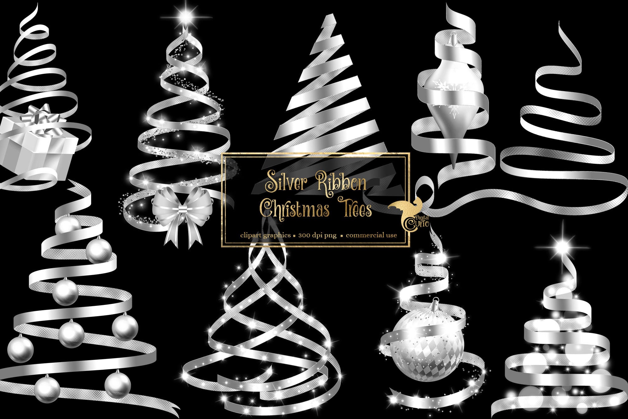 Silver Ribbon Christmas Tree Clip Art Digital Holiday Etsy