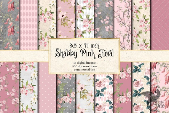 Pink Floral Digital Paper, Floral Pink Paper, Shabby Chic Paper