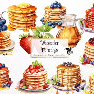 Watercolor Pancakes Clipart - digital png blueberry breakfast graphics for instant download commercial use