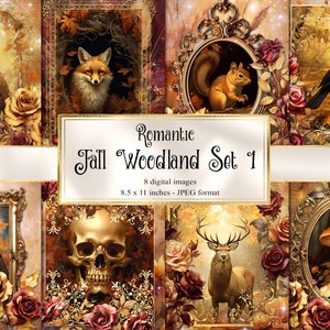 May include: A set of eight digital images featuring a romantic autumn woodland theme. The images include a bear, fox, squirrel, crow, eagle, skull, deer, and mushrooms. Each image is framed in a gold ornate frame and features a background of autumn leaves, roses, and a golden glow.