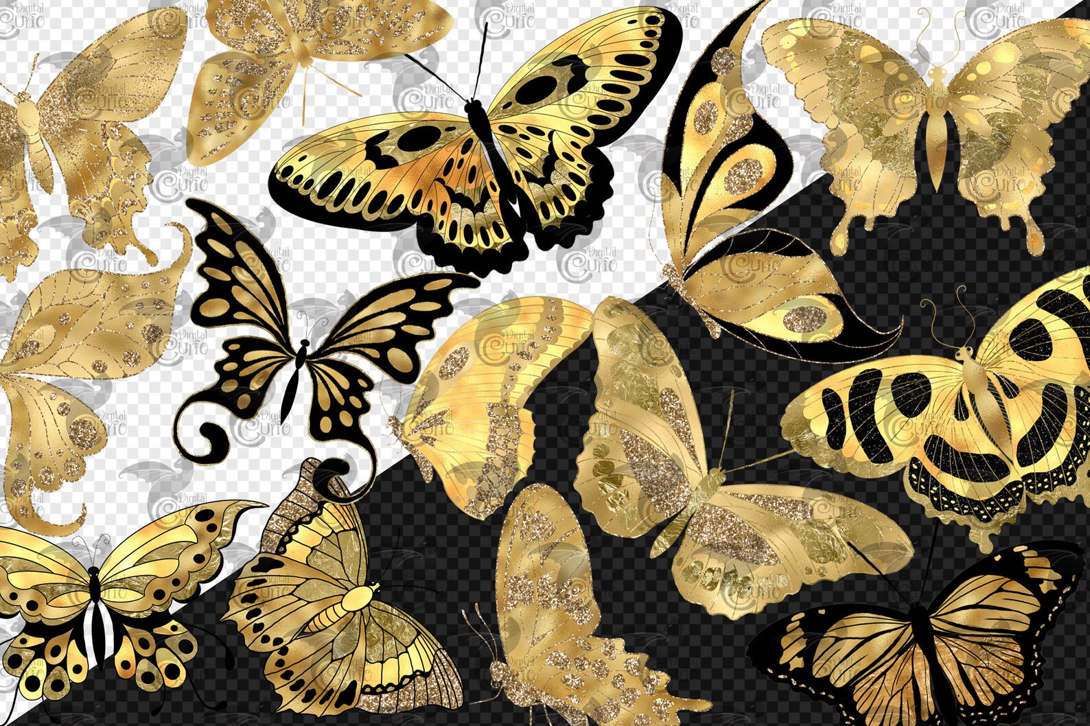 Black and Gold Butterflies Clipart Pastel Butterfly Instant Etsy
