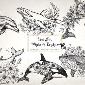 Wale und Delfine Line Art Clipart - florale ClipArt und Collage Blätter für veränderte Kunst oder Junk Journals sofortiger Download kommerzielle Nutzung