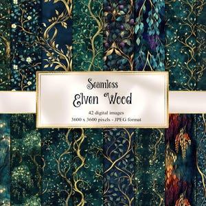 Op de afbeelding: Een verzameling naadloze digitale afbeeldingen in donkergroen en goud. De ontwerpen tonen gestileerde boomtakken en bladeren. De afbeelding bevat de tekst "Seamless Elven Wood" met details over de grootte en het formaat.