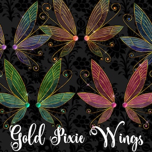 Gold Pixie Wings Clipart, Fairy wings clip art, digital scrapbooking, aceo fairy photo overlays, magic fantasy iridescent wings digital png