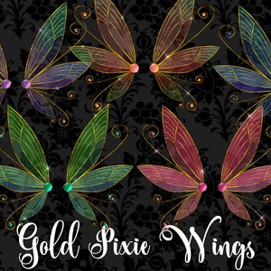 May include: Set of six gold pixie wings with jeweled accents. The wings are in various colors, including purple, green, red, and blue. The wings are on a black background with a floral pattern.