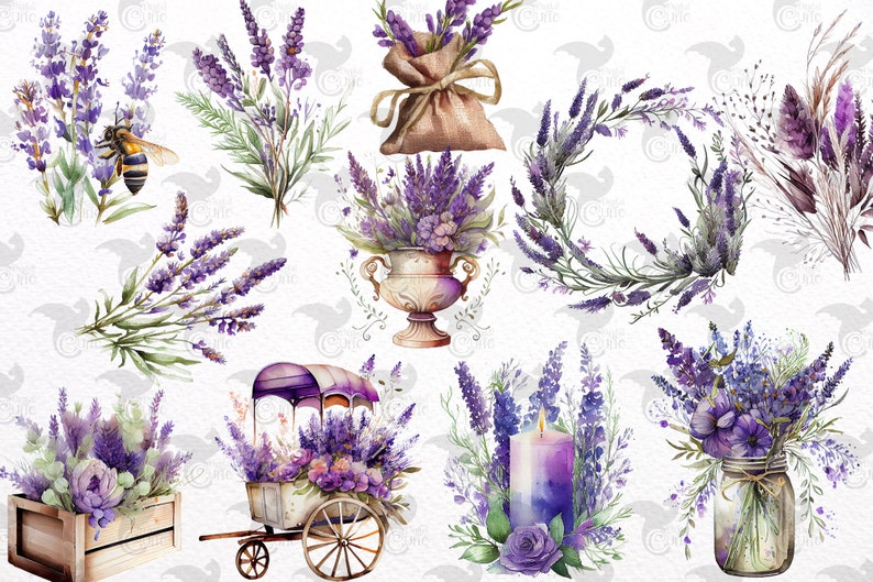 May include: Watercolor illustrations of lavender flowers in various arrangements.  The illustrations include a bouquet in a vase, a wreath, a jar of lavender, a lavender-filled wagon, a lavender-filled burlap sack, and a candle with lavender accents.