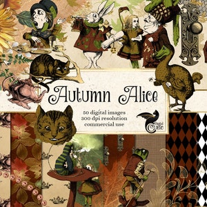 Kit de scrapbooking digital de Alice de otoño, descarga instantánea de papel digital y imágenes prediseñadas de otoño de Alice's Adventures in Wonderland