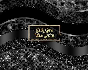 Black Glam Wave Borders Clipart - seamless glitter and foil metallic luxury borders in png format for commercial use